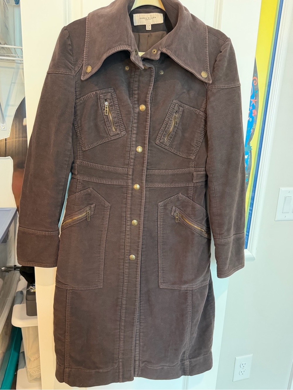 Karen Millen Coat Women’s 6 Brown Sueded Cotton Vintage Trench Coat Knee Length